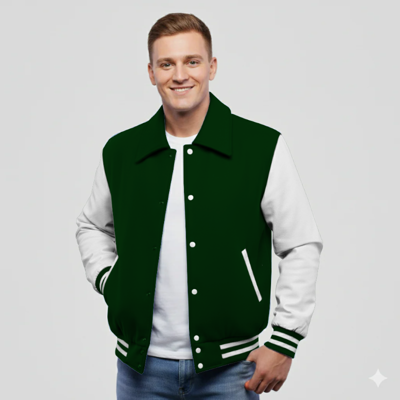 Hunter Green Wool & White Leather Varsity Jacket