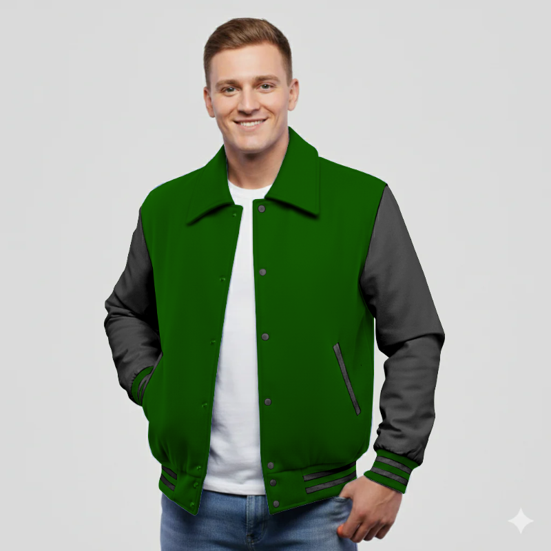 Kelly Green Wool & Black Leather Varsity Jacket